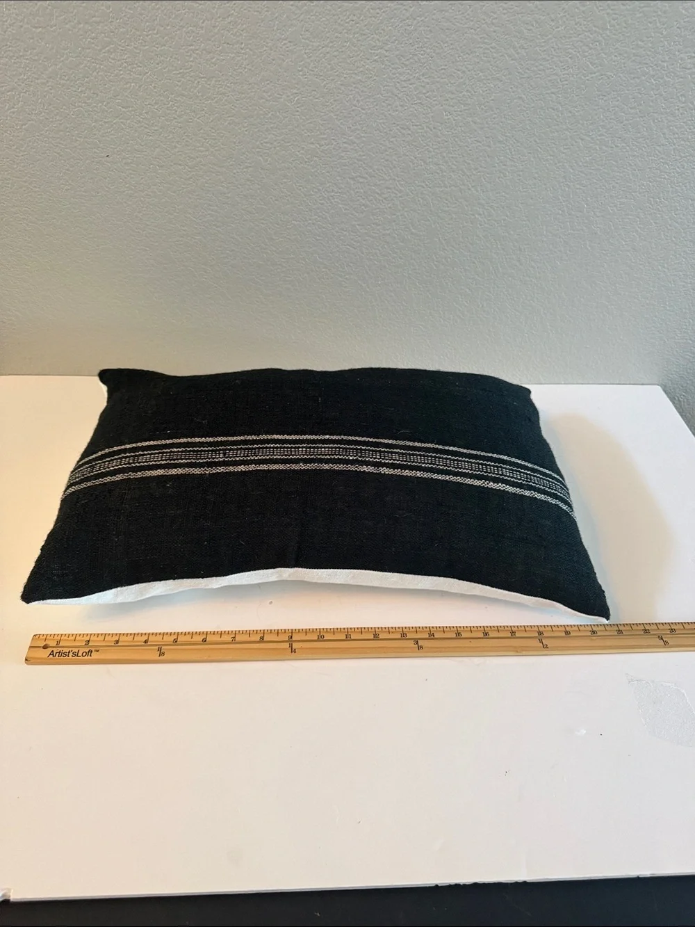 Handwoven Black Decorative Lumbar Wool Pillow Pair White Accents Linen Backing